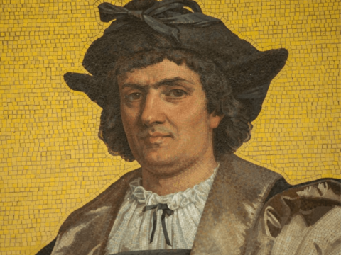Particolare del mosaico di Enrico Podio "Ritratto di Cristoforo Colombo", 1867 (Genova, Palazzo Doria-Tursi)